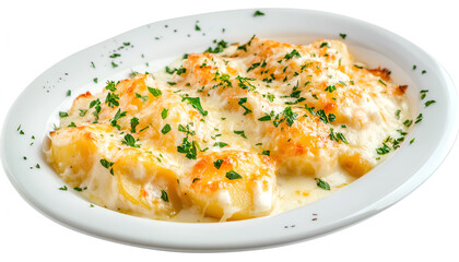 Potato gratin (casserole) with cream, cheese and parsley on white plate