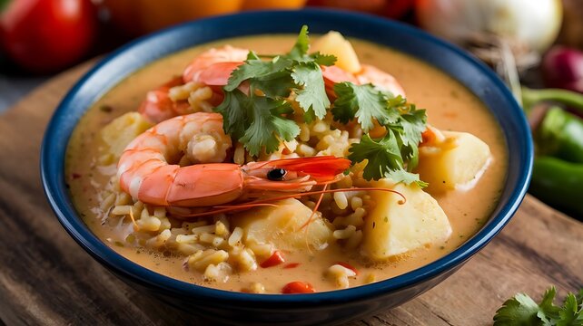 Delicious Peruvian chupe de camarones shrimp soup with potatoes, rice, and spices, garnished with cilantro, served in a rustic bowl