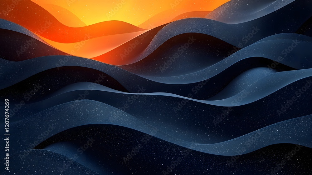 Poster Dynamic and Grainy Abstract Background with Flowing Wave Shapes in Vibrant Blue Orange and Black Gradient Colors  This Stylized Digital Features a Captivating Textural Noise and Gradient Composition