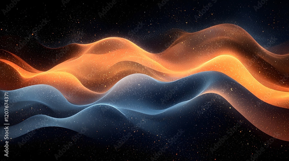 Poster Ethereal Abstract Gradient Wave Texture with Shimmering Cosmic Atmosphere Seamless Smooth Transitions and Grainy Blue Orange Black Tones for Cover Design Editorial Use or Wallpaper