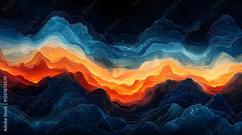 Fototapete flowing gradient wave patterns in vibrant blue orange and black colors with a textured noise effect