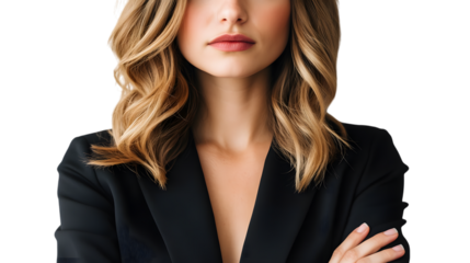 A person standing with arms crossed over their chest, head slightly tilted, wearing semi-formal business attire, positioned centrally on a transparent background and taking up 50-80% of the 