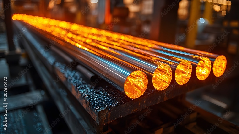 Poster image of heated metal rods glowing with intense light as they move along a conveyor system under the