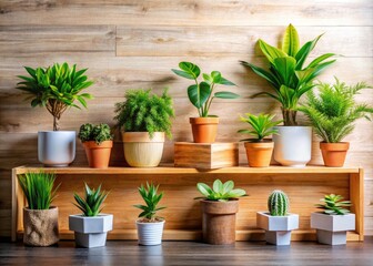 Fototapeta premium Sleek wooden plant rack, showcasing your favorite indoor greenery. A stylish and minimalist addition to your home.