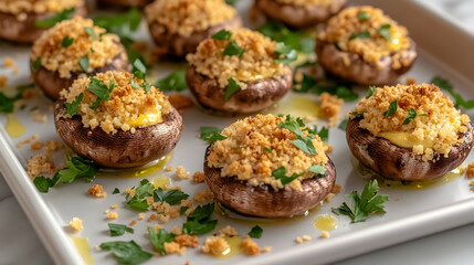 A vibrant image of cheese-stuffed mushrooms garnished with breadcrumbs and parsley on a clean ceramic tray