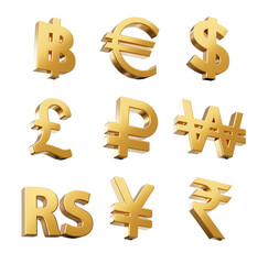 3d Set Of Nine Golden Shiny Currency Symbol Icons Isolated On White Background, 3d Illustration
