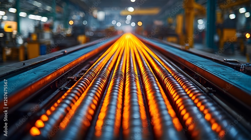 Aufkleber Intense Glow of Heated Metal Rods Flowing on an Industrial Conveyor Belt in a Factory Setting Highlighted in a High Definition Close Up View