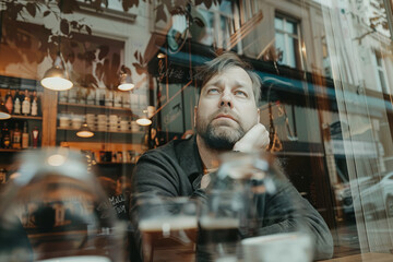Thoughtful man gazing out a cafe window, beard, reflective mood.