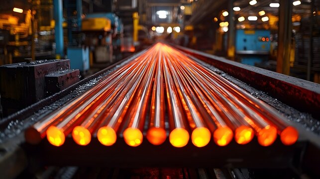 Intense industrial scene with radiant glowing metal rods on a conveyor belt in a factory under bright red lights and high temperature machinery