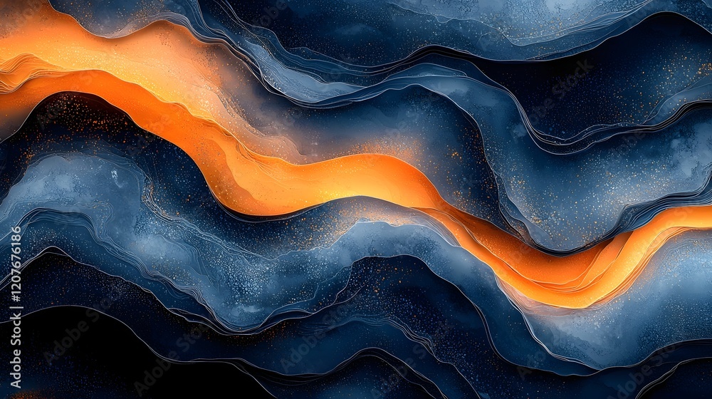 Poster Mesmerizing abstract wave gradient with noise texture in a captivating blend of orange blue and black colors creating a modern digital and atmospheric design