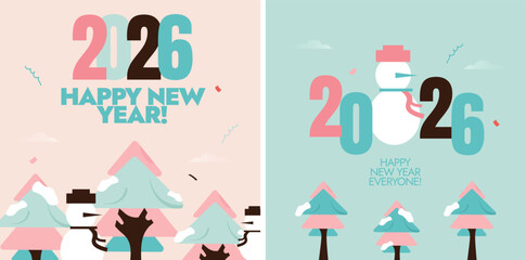 Happy New Year 2026. New year banner with a snowman and Christmas trees with triangular tops in pink and teal green colour. Vector Illustration.