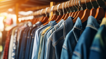 Females handholding hanger with denim shirt in thrift store.