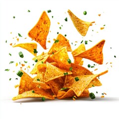 A pile of tortilla chips with green onions and cilantro