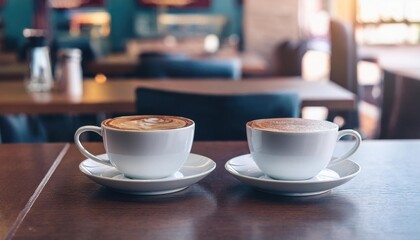 Two coffee cups in modern cafe setting 