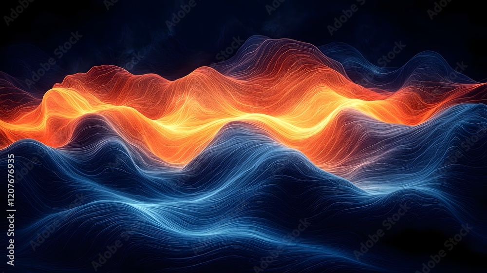Fototapete Stunning abstract gradient with fluid wave like patterns in a mesmerizing combination of fiery orange and deep blue hues  This dynamic noise textured digital artwork creates a visually captivating