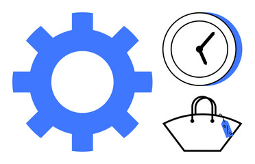Blue gear wheel, black and white clock, and shopping bag with tag present concepts of productivity, time management, and commerce. Ideal for business, productivity, efficiency, scheduling shopping
