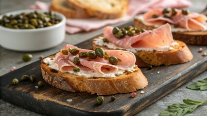 Close-up shot of crispy country bread slices with caramelized edges topped with salty ham and pickled capers, grilled, toppings, snacks, ham