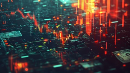 Fototapeta premium Background featuring a fluctuating stock chart, scattered banknotes, global currency symbols, and financial trends, [stock chart, banknotes, currency], [financial dynamics] 