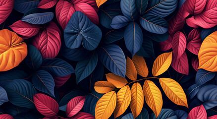 Fototapeta premium Seamless colorful tropical leaves pattern in vibrant shades of blue, red and orange on dark background