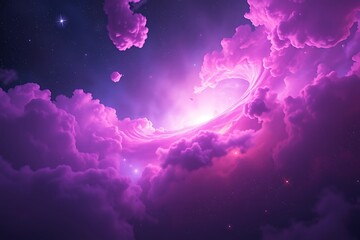 Naklejka premium A stunning cosmic scene featuring swirling pink clouds and a vibrant nebula, evoking a sense of wonder and mystery.