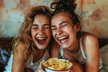 Two young people laughing and holding tortilla chips, enjoying a cheerful moment together indoors