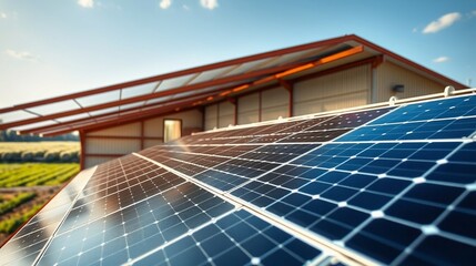 Modern Solar Panels Installed on Eco-Friendly Building with Clear Blue Sky