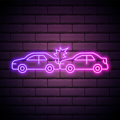 Glowing neon line Car accident icon isolated on brick wall background. Auto accident involving two cars. Vector