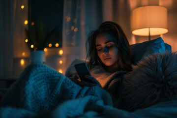 Fototapeta premium Young woman using smartphone in bed at night, cozy atmosphere