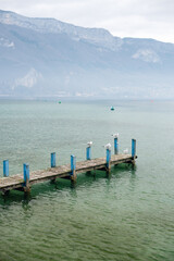 wooden bridge over a lake with seagulls