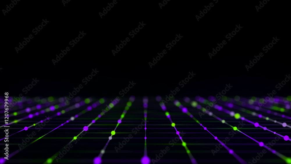 Aufkleber Abstract grid with blue light on black background. Science background with moving dots and lines. Network connection technology. Digital structure with particles. 3d rendering.