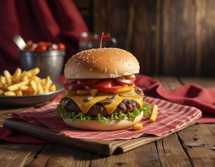 An elegantly styled cheeseburger and French fries served in front of an antique wooden tablecloth colored in deep red hues, classic, french fries, red background