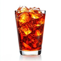 A glass of iced tea with ice cubes in it