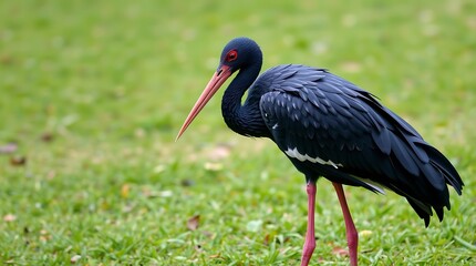 Black stork standing in green grass. (4)