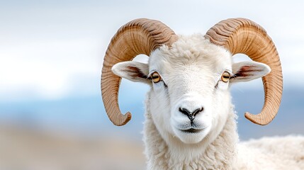 Majestic Ram with Large Horns  White Sheep Portrait