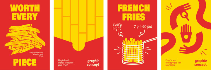 French Fries Cover Designs with Bold Typography and Vibrant Red-Yellow Themes.