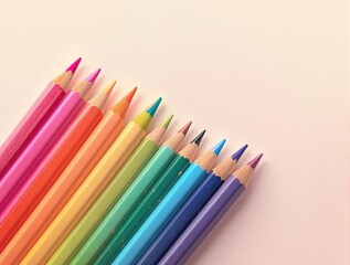 Fototapeta premium Assortment of colorful wax crayon pencils in a row, art tools, creative process