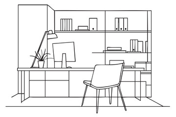 Workplaces interior sketch. Tables, chairs and windows