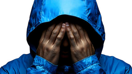 A person standing with one hand shielding their eyes as if looking into the distance, wearing outdoor clothing, positioned centrally on a transparent background and taking up 50-80% of the image 