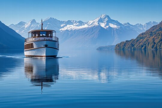 Serene boat sailing on a tranquil lake surrounded by majestic mountains in clear weather