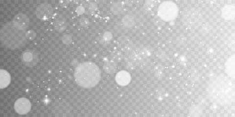 Light abstract glowing bokeh highlights. Light bokeh effect isolated on transparent background. The Christmas background shines from the dust.	