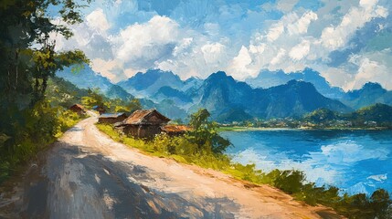 oil painting illustration, Asian rural countryside with river and small town surround with green forest and mountains
