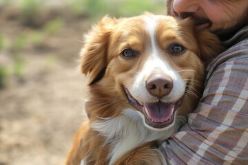 Dog expresses joy by hugging its owner in a heartwarming reunion outdoors