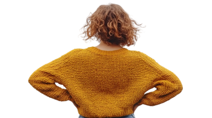 A person standing with their back turned and head slightly looking over one shoulder, wearing casual attire, positioned in the center of a transparent background and taking up 50-80% of the 