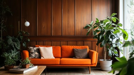 Cozy Living Room Featuring Plush Couch and Vibrant Green Plant Creating a Warm and Inviting Atmosphere for Relaxation