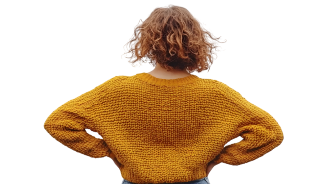 A person standing with their back turned and head slightly looking over one shoulder, wearing casual attire, positioned in the center of a transparent background and taking up 50-80% of the 