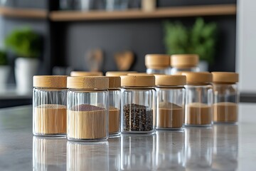 Elegant glass spice jars with bamboo lids neatly arranged on a modern marble kitchen countertop.