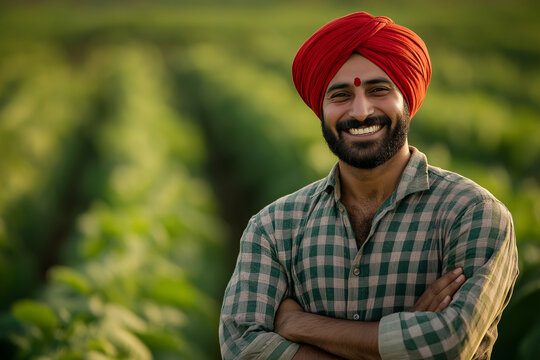 Portrait of happy sikh man farmer standing with arms crossed in green farm field, smile on face looking at camera. Portrait of young smiling indian male person wearing red turban a