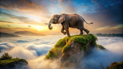 Fototapeta premium Surprising AI hangout: an elephant's amazing leap of faith, a generative image masterpiece.