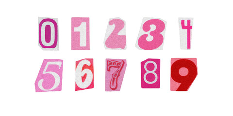 barbiecore set of cut-out numbers from magazines on a transparent background, cute retro y2k ransom style