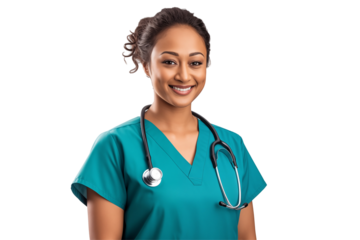 Smiling Indian Nurse in Professional Uniform with Stethoscope, Compassionate Healthcare Worker, Transparent Background, Ideal for Medical, Healthcare, Wellness, Patient Care, and Health Concepts. PNG.